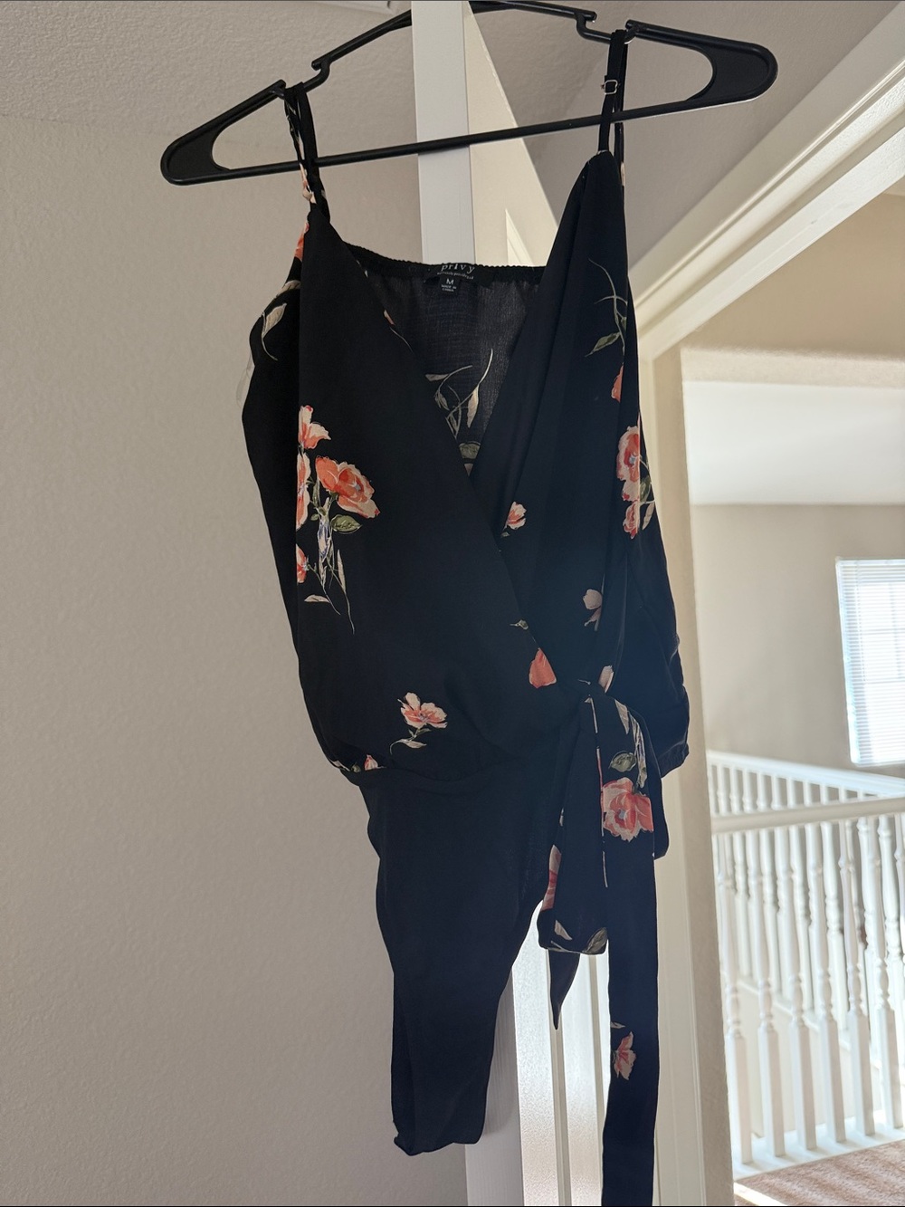Floral Wrap Black Sleeveless Bodysuit